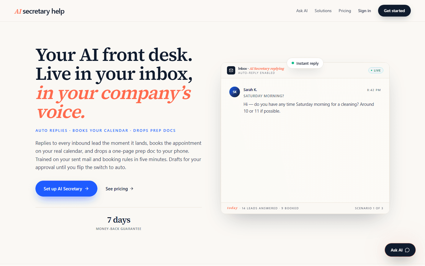 AI Secretary Help current homepage